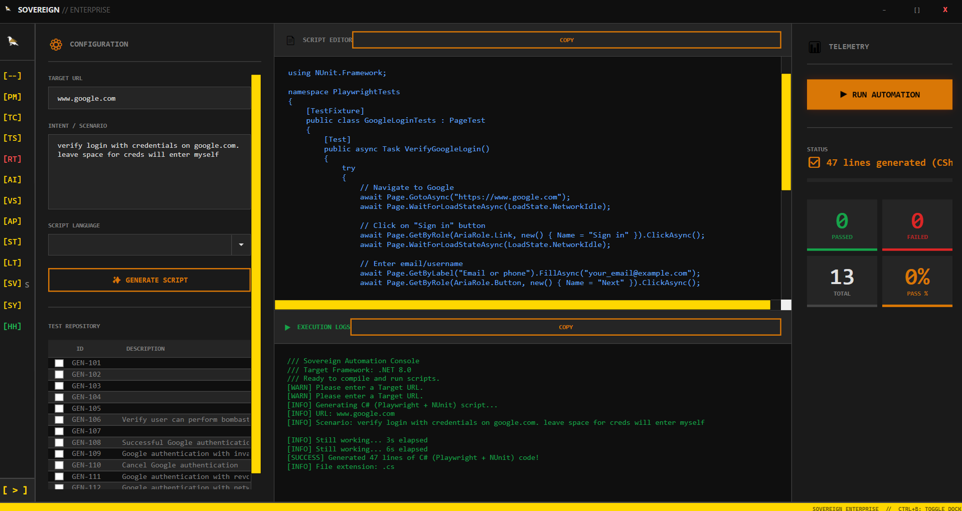 Automation Agent generating an executable Playwright script from a plain-English scenario